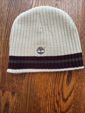 Timberland beige Beanie with Black and Dark maroon Stripe